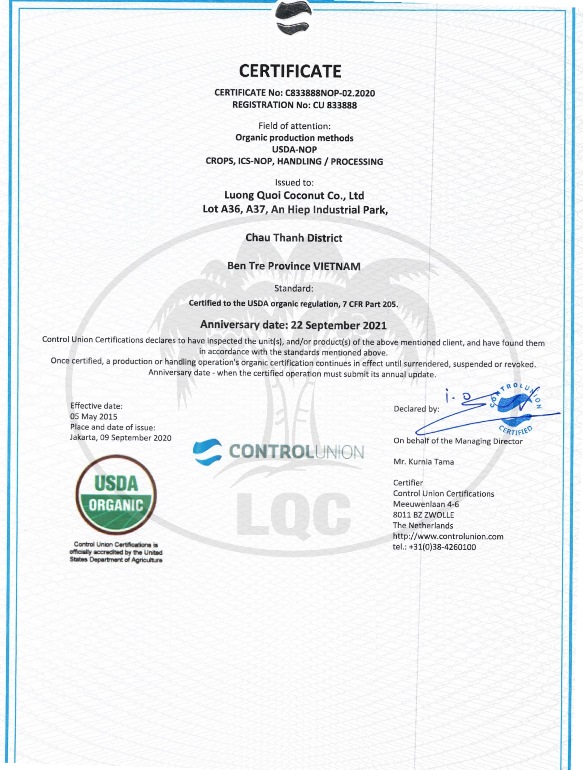 Сертификат USDA Organic 2020